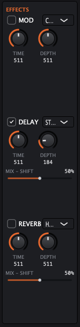 XiDelta+ Effects section — Mod, Delay, Reverb
