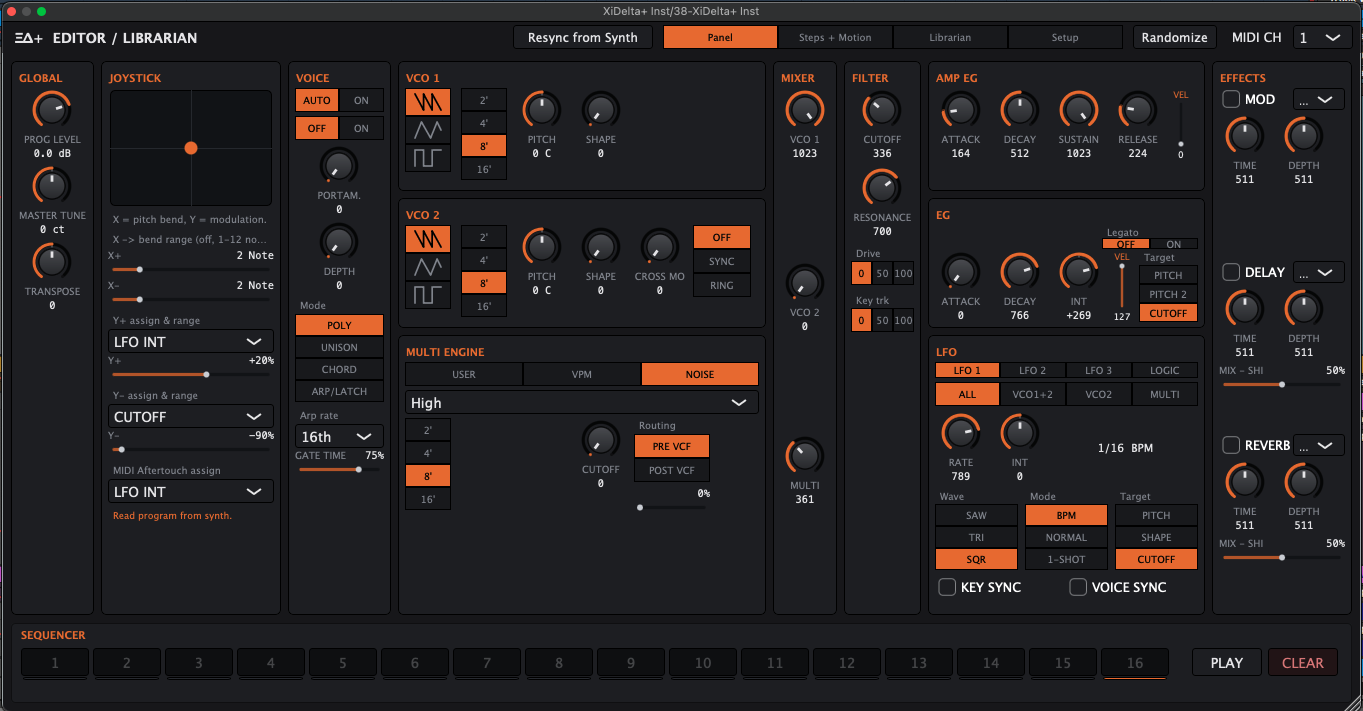 XiDelta+ Panel — full window, colourful patch loaded